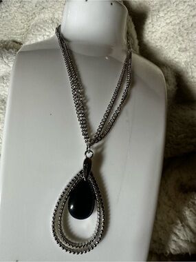 Silver Tone Necklace with Black Teardrop Pendant - Women Jewelry